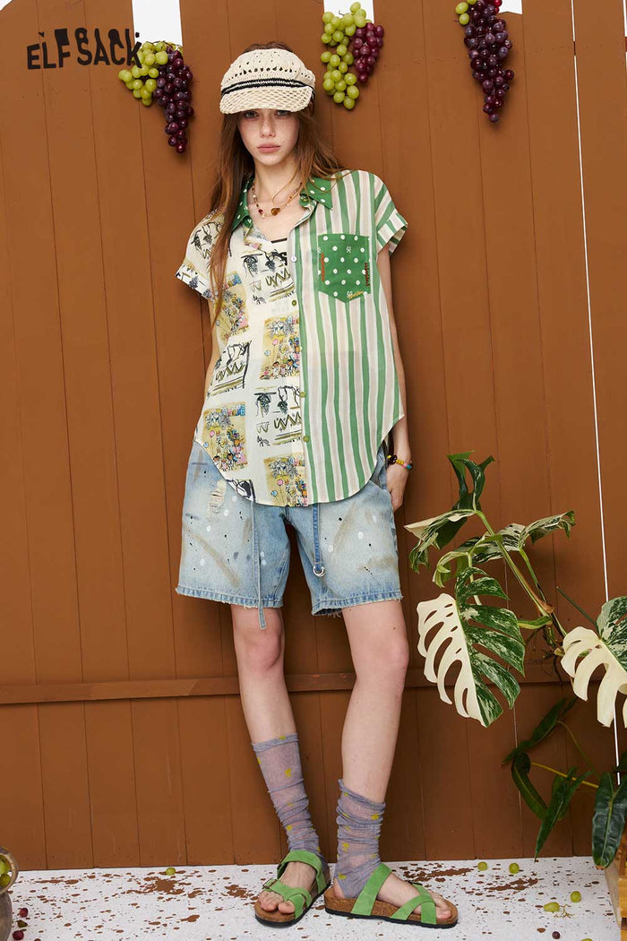 ELFSACK Paint Splatter Washed Denim Shorts