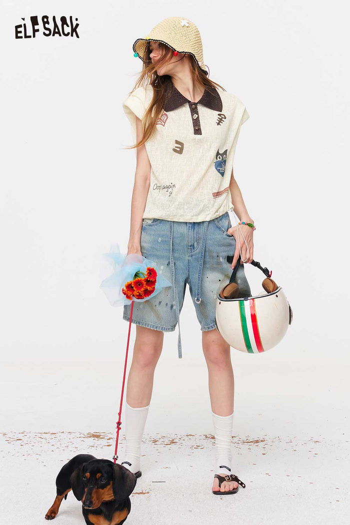 ELFSACK Paint Splatter Washed Denim Shorts