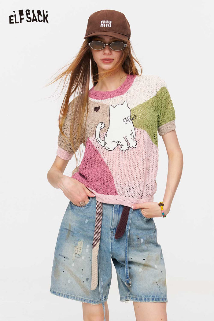 ELFSACK Paint Splatter Washed Denim Shorts