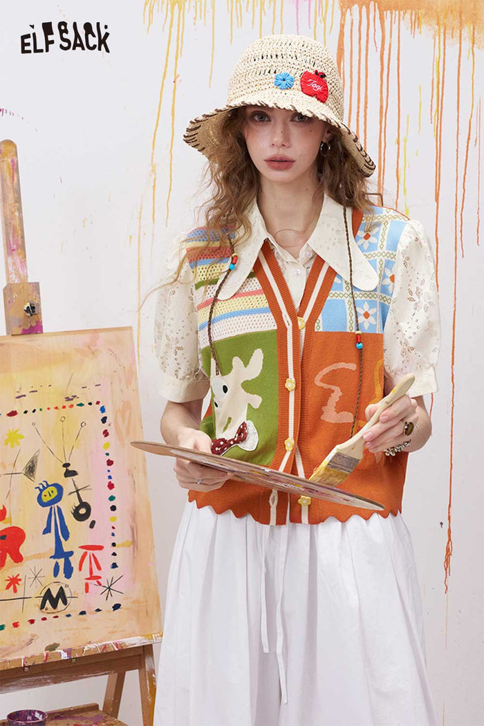 ELFSACK Patchwork Deer Applique Fake Two-Piece Top