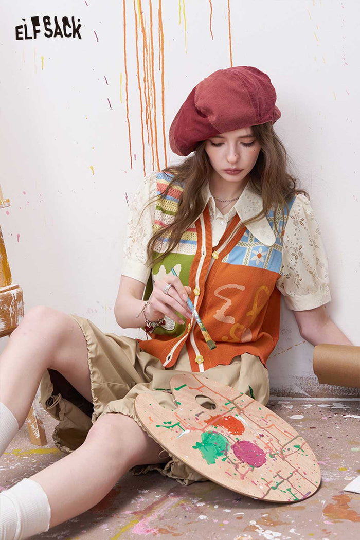 ELFSACK Patchwork Deer Applique Fake Two-Piece Top