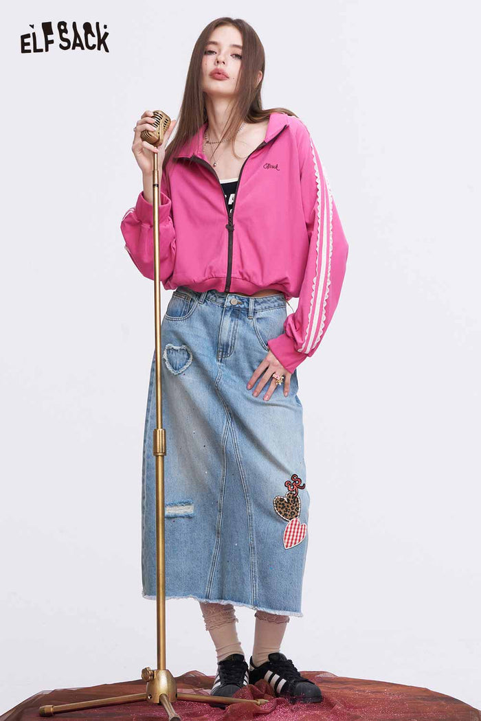 ELFSACK Patchwork Denim Washed A Line Midi Skirt