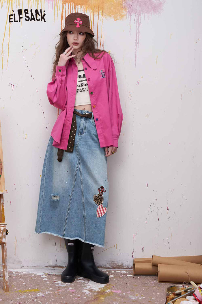 ELFSACK Patchwork Denim Washed A Line Midi Skirt