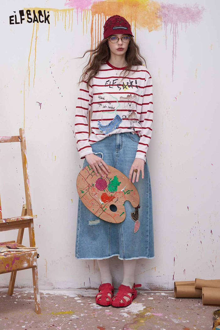 ELFSACK Patchwork Denim Washed A Line Midi Skirt