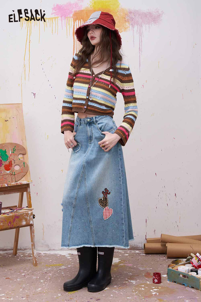 ELFSACK Patchwork Denim Washed A Line Midi Skirt