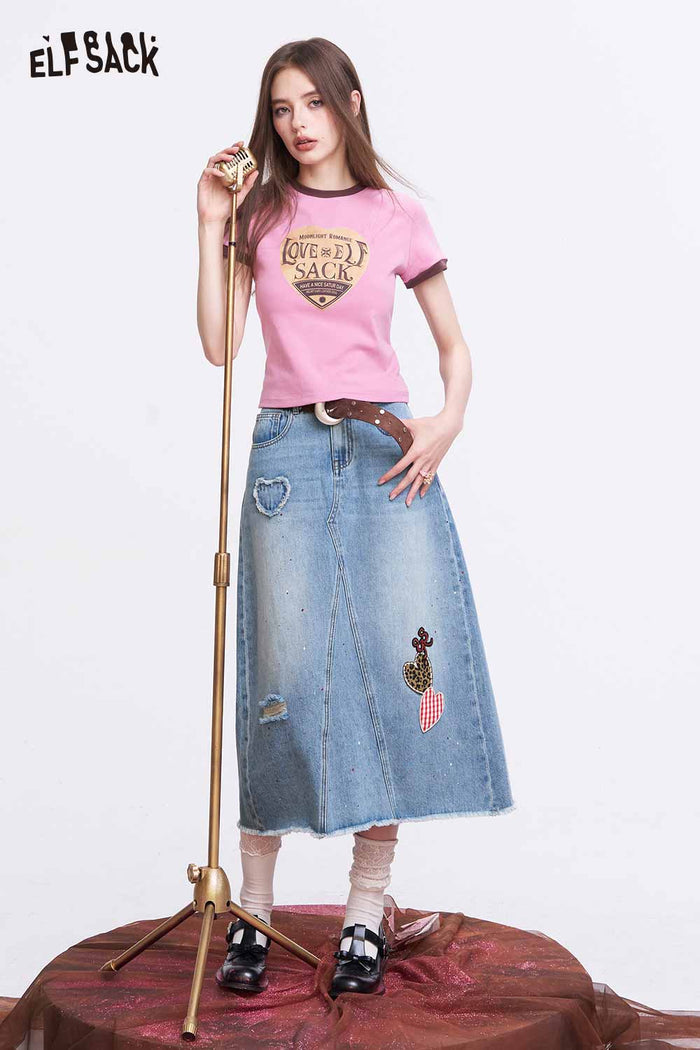 ELFSACK Patchwork Denim Washed A Line Midi Skirt