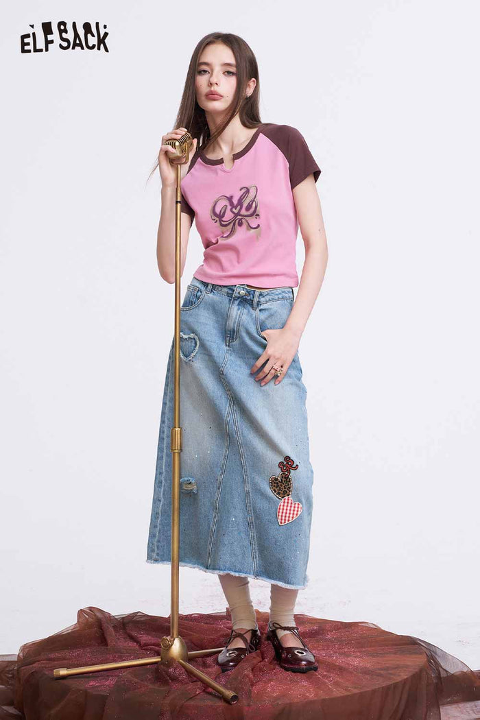 ELFSACK Patchwork Denim Washed A Line Midi Skirt