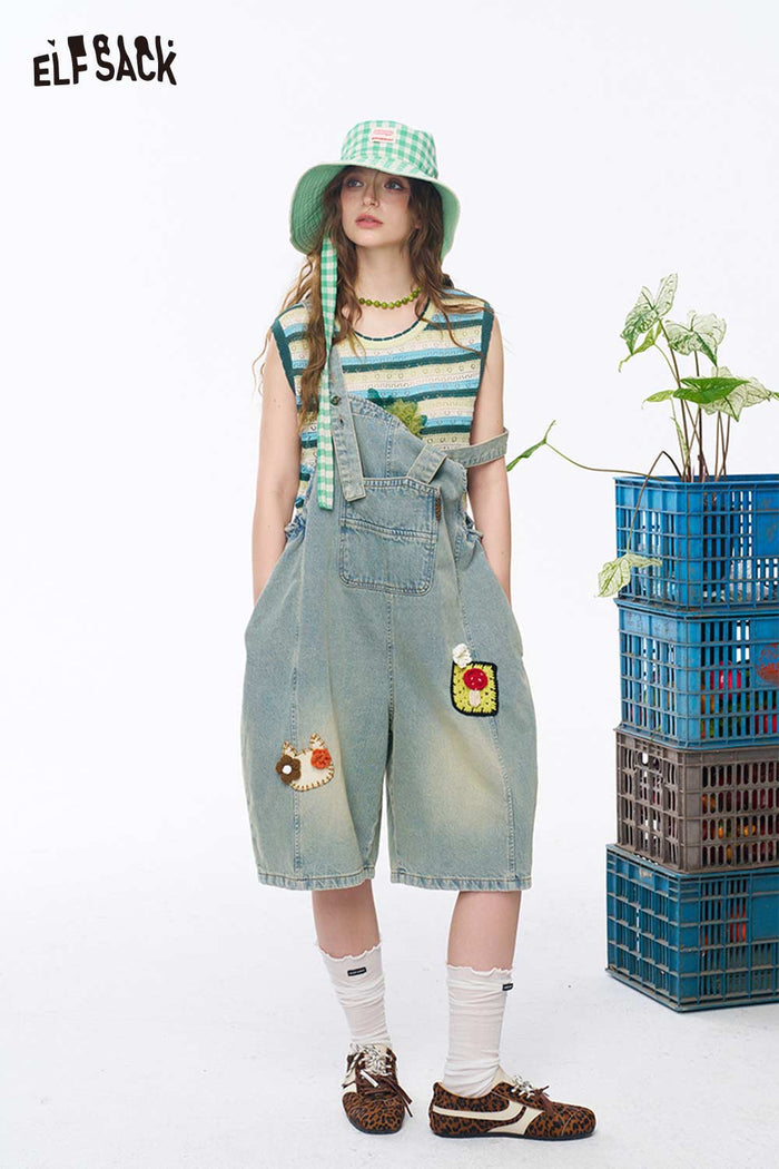 ELFSACK Patchwork Distressed Denim Short Overalls