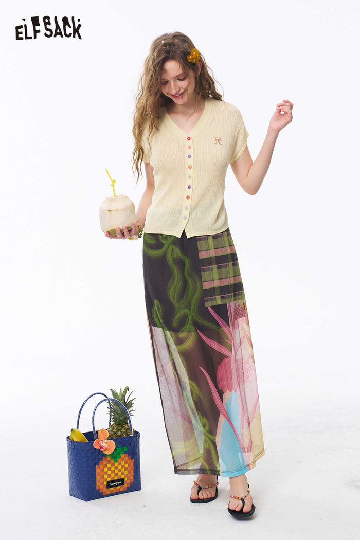 ELFSACK Patchwork Floral Plaid Midi Skirt