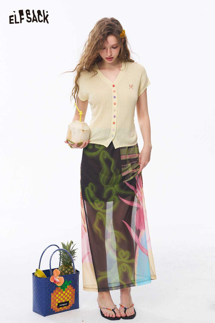 ELFSACK Patchwork Floral Plaid Midi Skirt