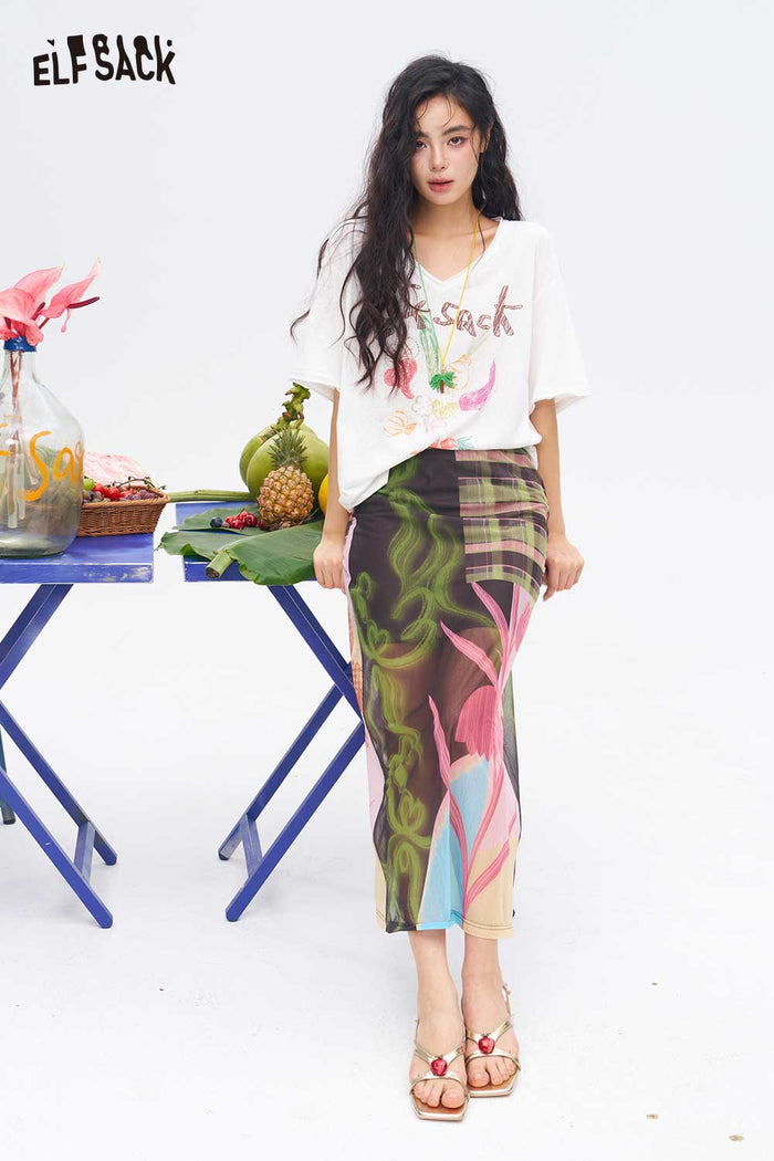 ELFSACK Patchwork Floral Plaid Midi Skirt