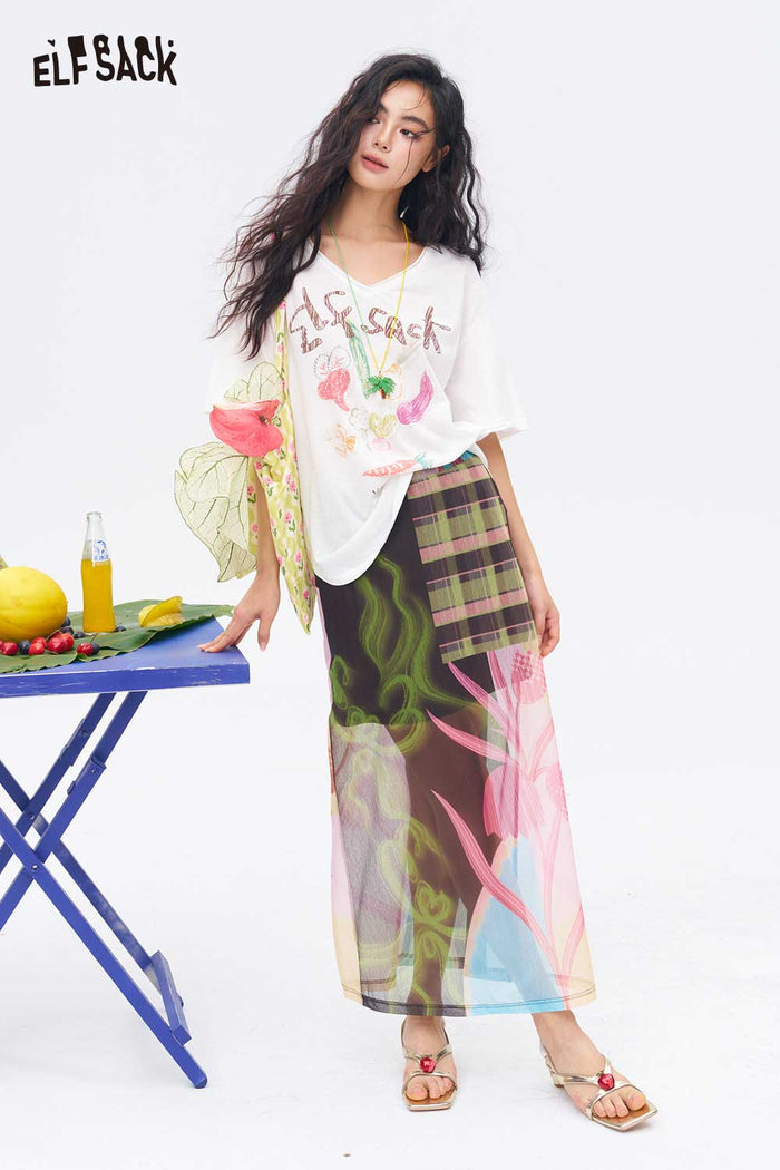 ELFSACK Patchwork Floral Plaid Midi Skirt
