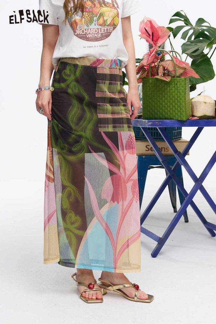ELFSACK Patchwork Floral Plaid Midi Skirt