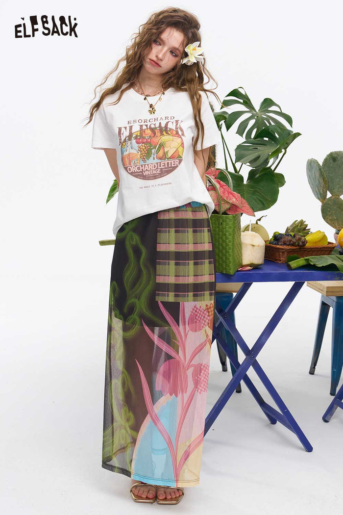 ELFSACK Patchwork Floral Plaid Midi Skirt