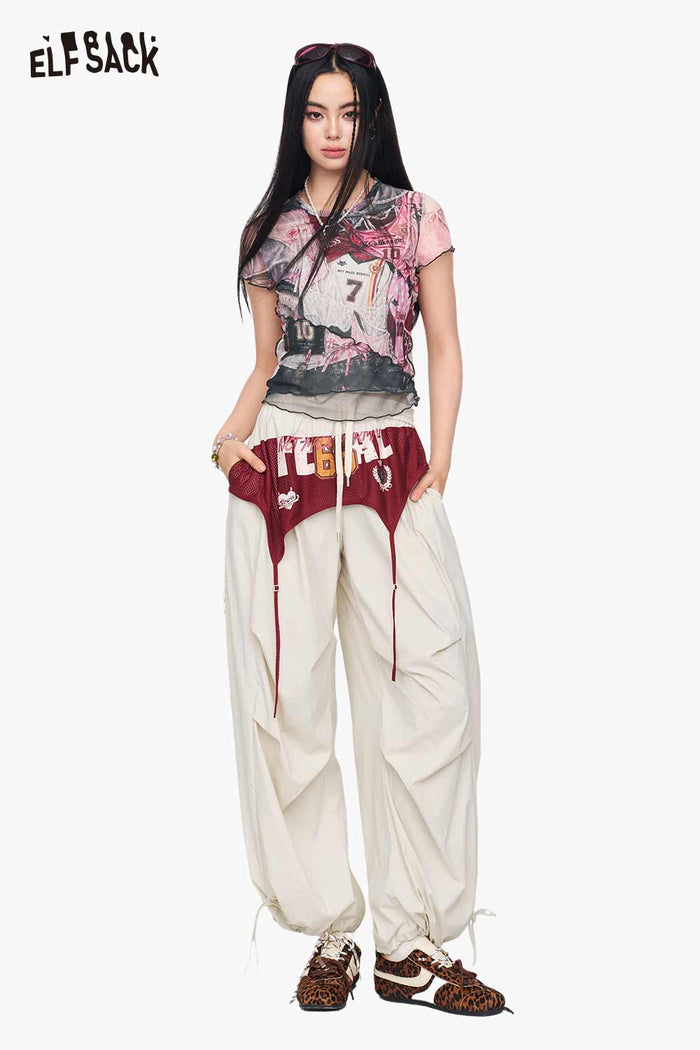 ELFSACK Patchwork High Waist Wide Leg Pants