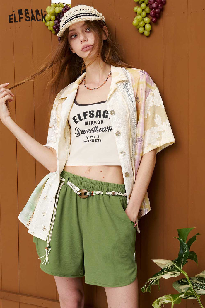 ELFSACK Patchwork Jacquard Lace Plaid Shirt
