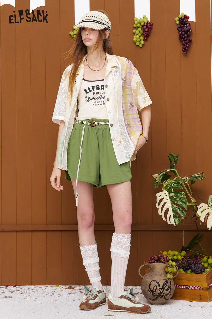 ELFSACK Patchwork Jacquard Lace Plaid Shirt