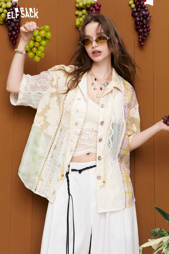 ELFSACK Patchwork Jacquard Lace Plaid Shirt