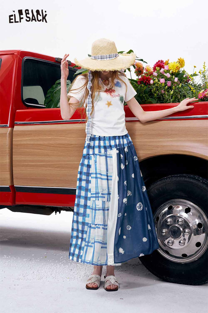 ELFSACK Patchwork Plaid Polka Dot Maxi Skirt
