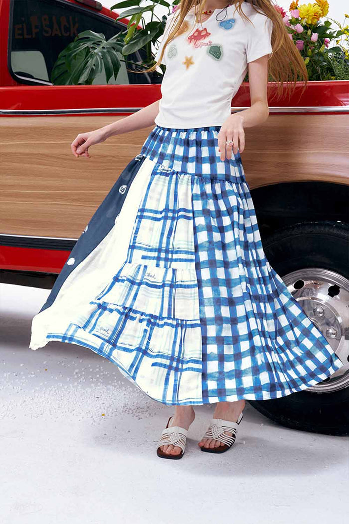 ELFSACK Patchwork Plaid Polka Dot Maxi Skirt