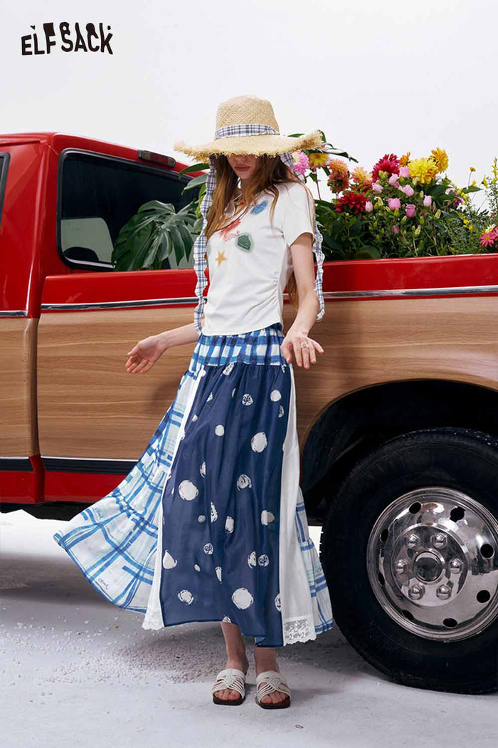 ELFSACK Patchwork Plaid Polka Dot Maxi Skirt