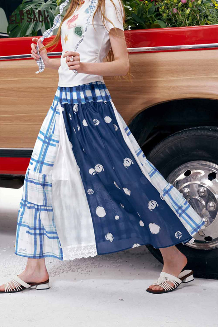ELFSACK Patchwork Plaid Polka Dot Maxi Skirt