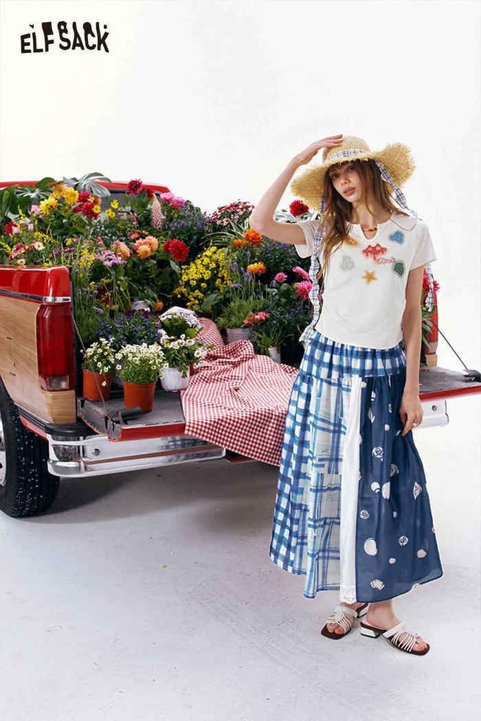 ELFSACK Patchwork Plaid Polka Dot Maxi Skirt