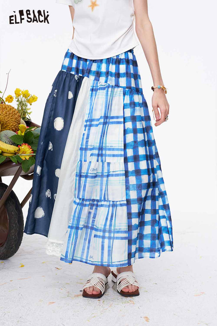 ELFSACK Patchwork Plaid Polka Dot Maxi Skirt