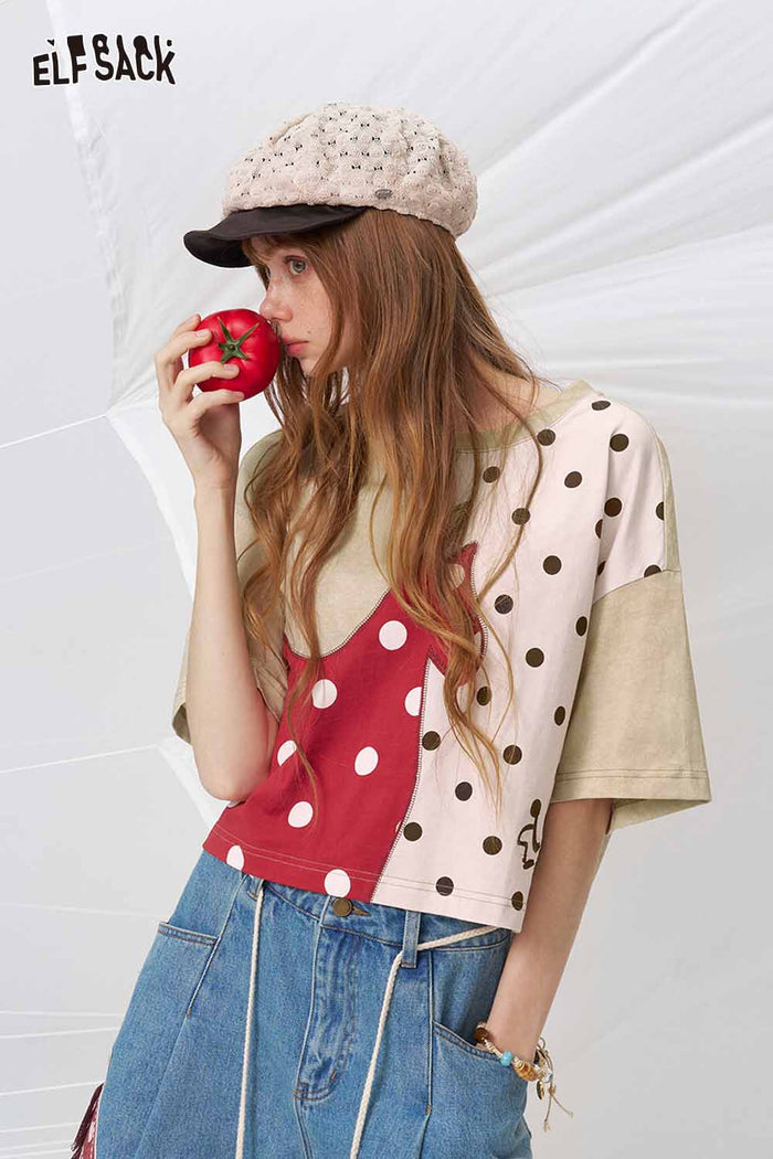 ELFSACK Patchwork Polka Dot Horse Print T-Shirt