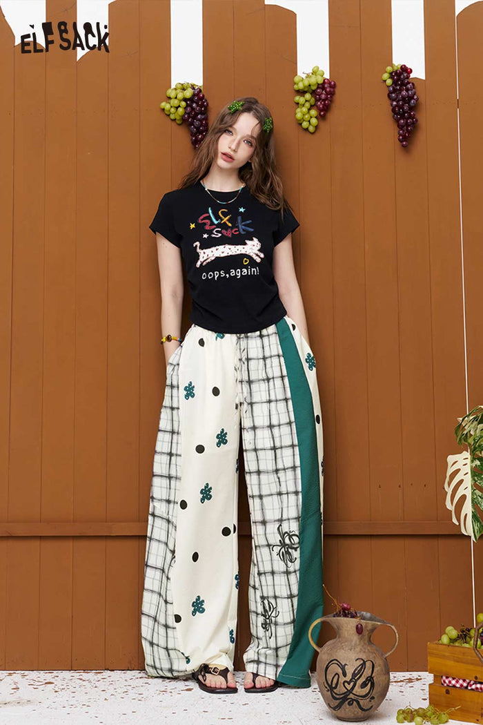 ELFSACK Patchwork Print Elastic Waist Wide Leg Pants