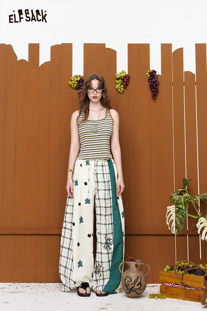 ELFSACK Patchwork Print Elastic Waist Wide Leg Pants
