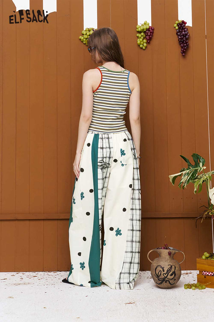 ELFSACK Patchwork Print Elastic Waist Wide Leg Pants