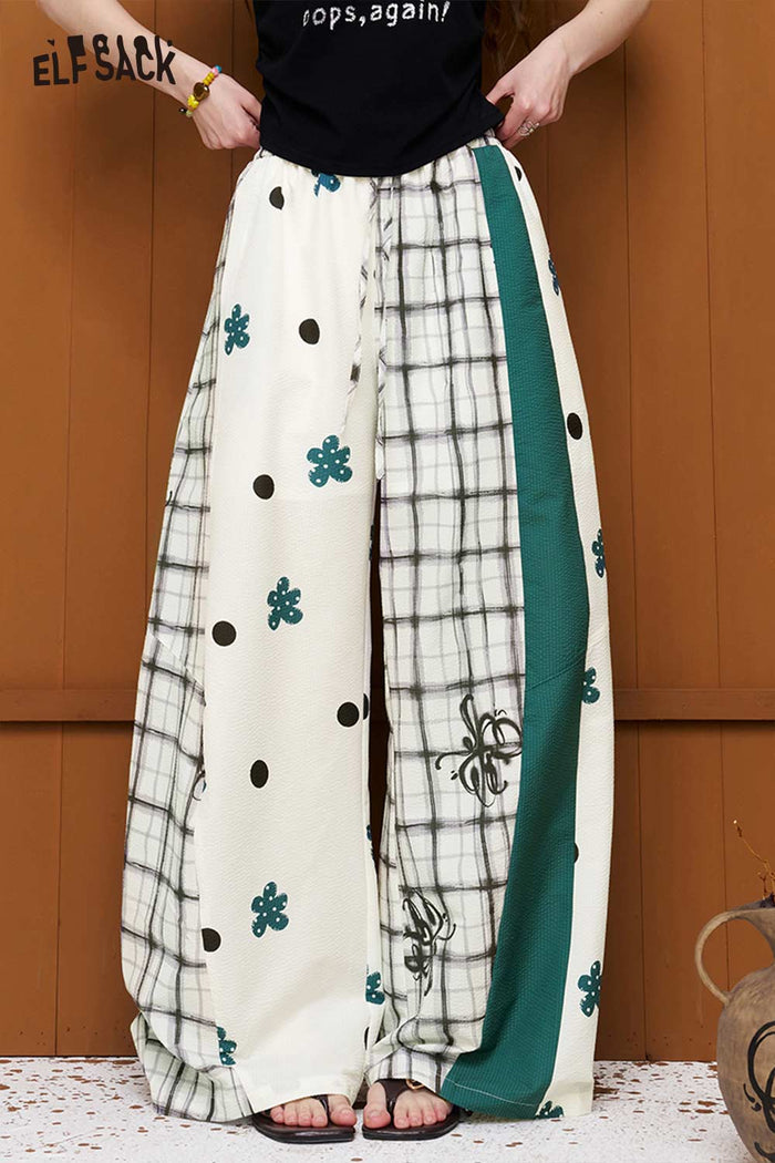 ELFSACK Patchwork Print Elastic Waist Wide Leg Pants