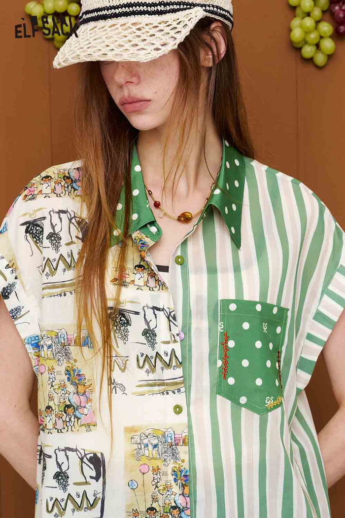 ELFSACK Patchwork Print Mixed Sleeveless Shirt
