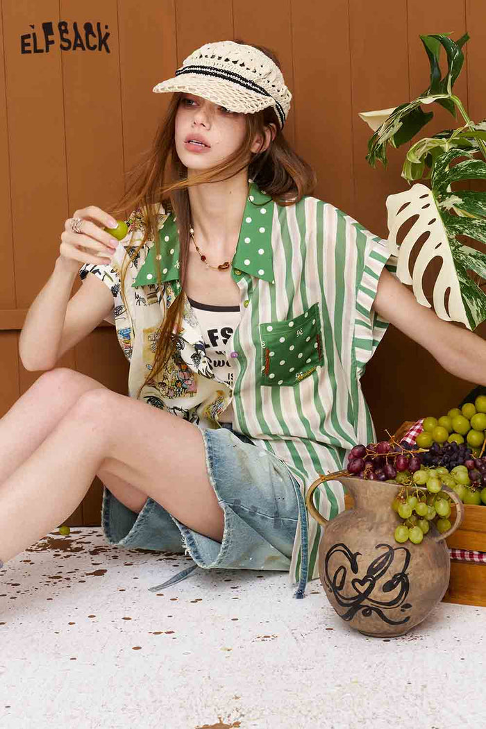 ELFSACK Patchwork Print Mixed Sleeveless Shirt