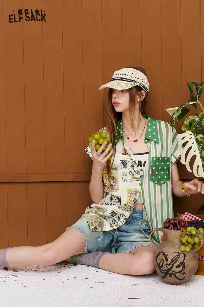 ELFSACK Patchwork Print Mixed Sleeveless Shirt