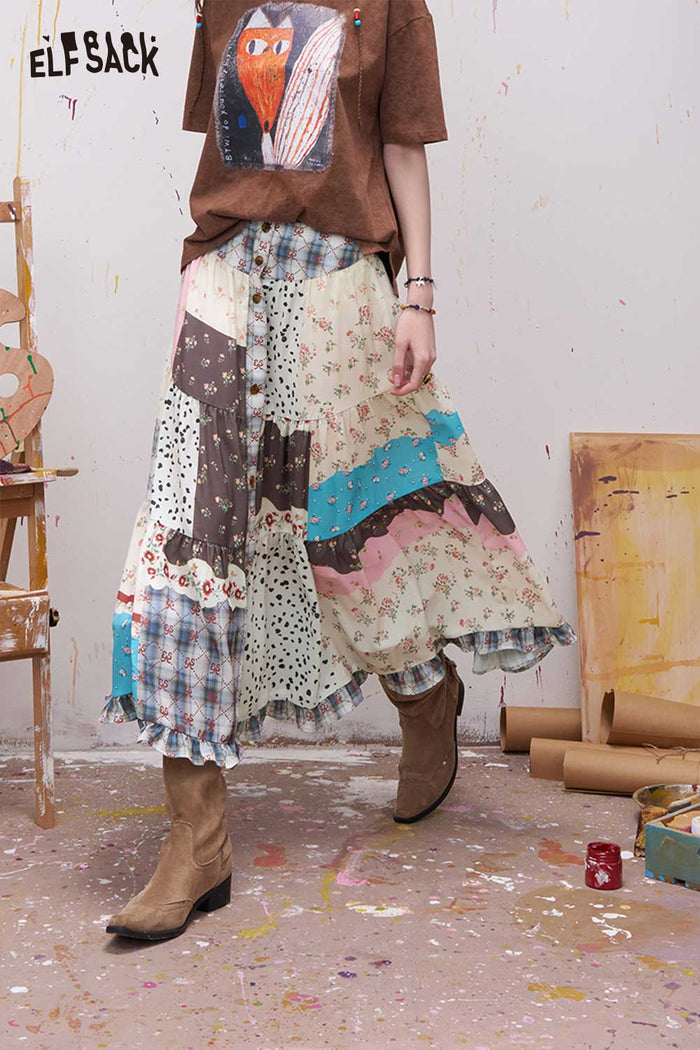 ELFSACK Patchwork Tiered Maxi Skirt with Buttons
