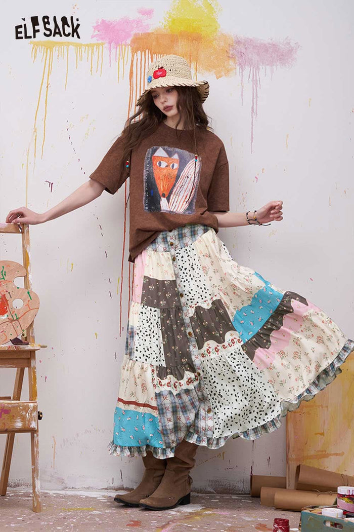 ELFSACK Patchwork Tiered Maxi Skirt with Buttons