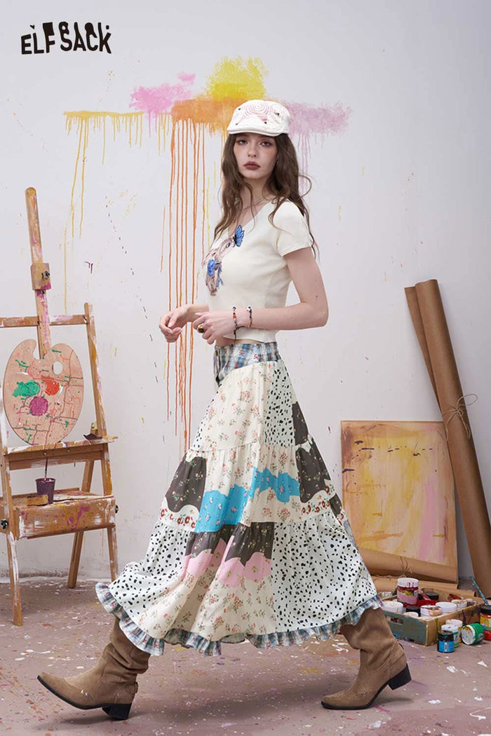 ELFSACK Patchwork Tiered Maxi Skirt with Buttons