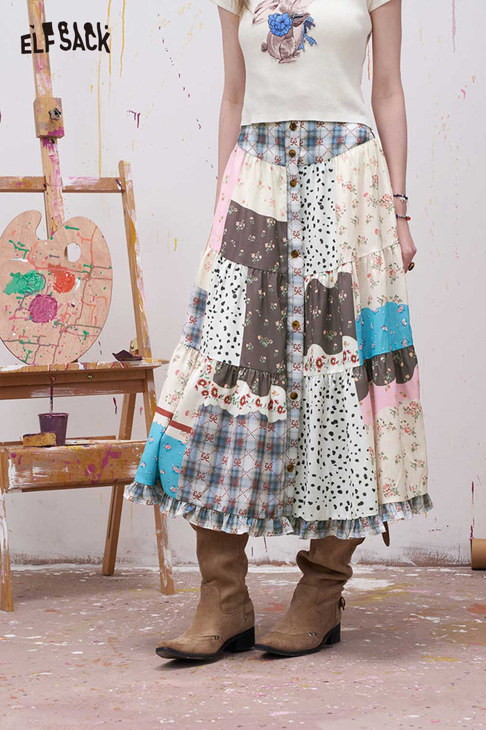 ELFSACK Patchwork Tiered Maxi Skirt with Buttons