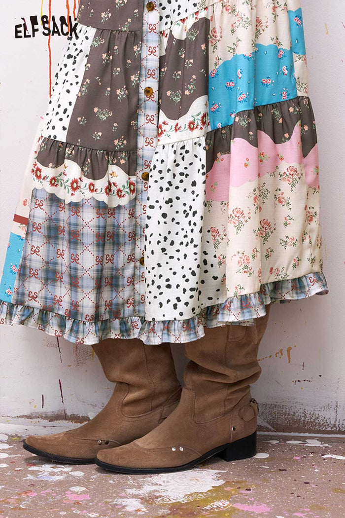 ELFSACK Patchwork Tiered Maxi Skirt with Buttons