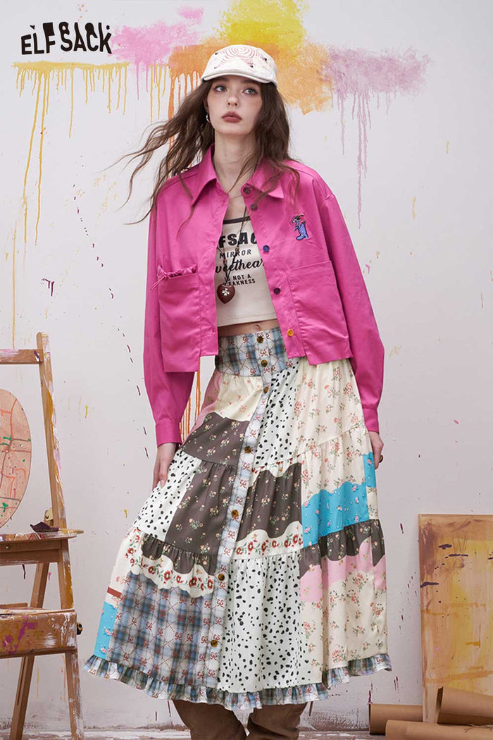 ELFSACK Patchwork Tiered Maxi Skirt with Buttons