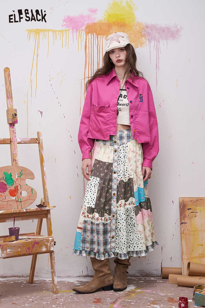ELFSACK Patchwork Tiered Maxi Skirt with Buttons