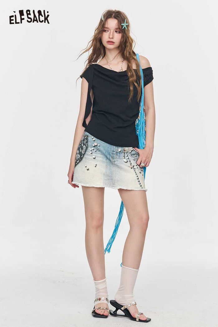 ELFSACK Pearl Star Print High Waist Denim Mini Skirt