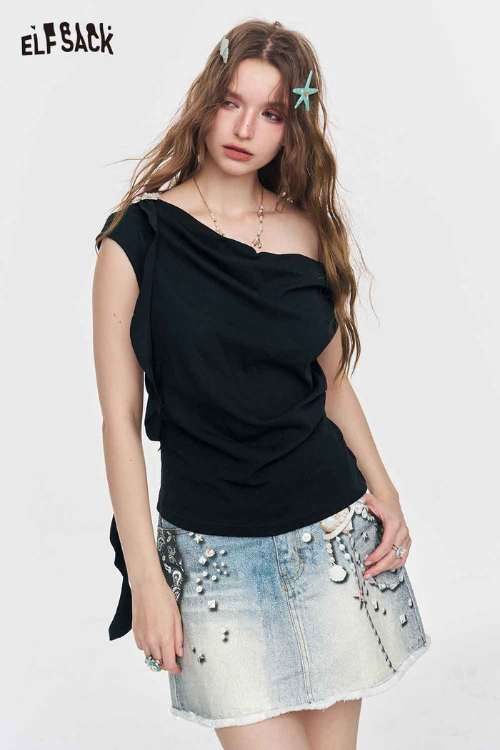 ELFSACK Pearl Star Print High Waist Denim Mini Skirt