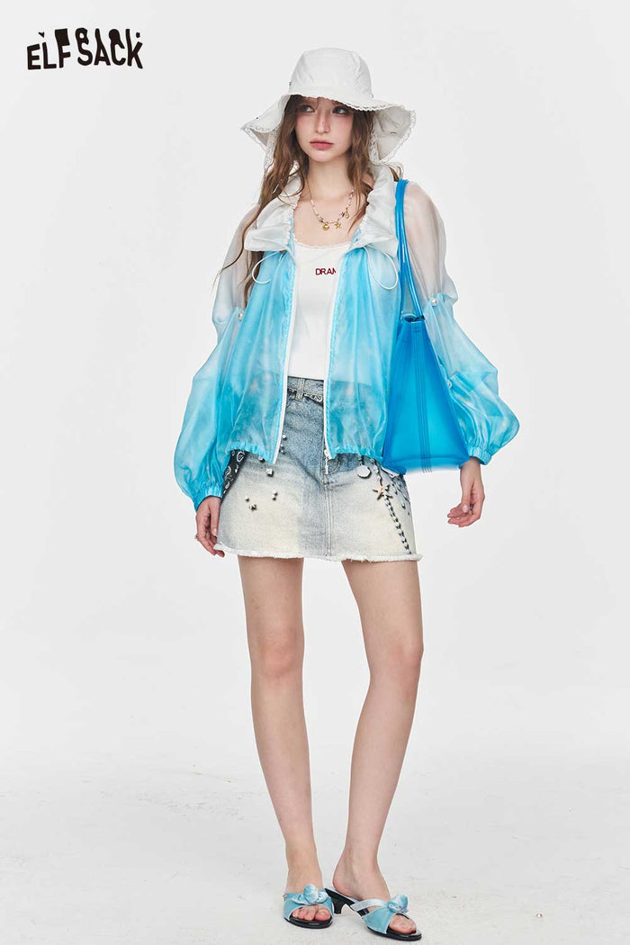 ELFSACK Pearl Star Print High Waist Denim Mini Skirt