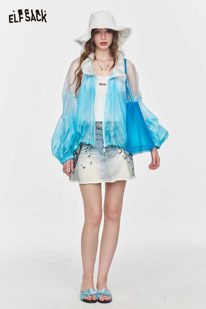 ELFSACK Pearl Star Print High Waist Denim Mini Skirt