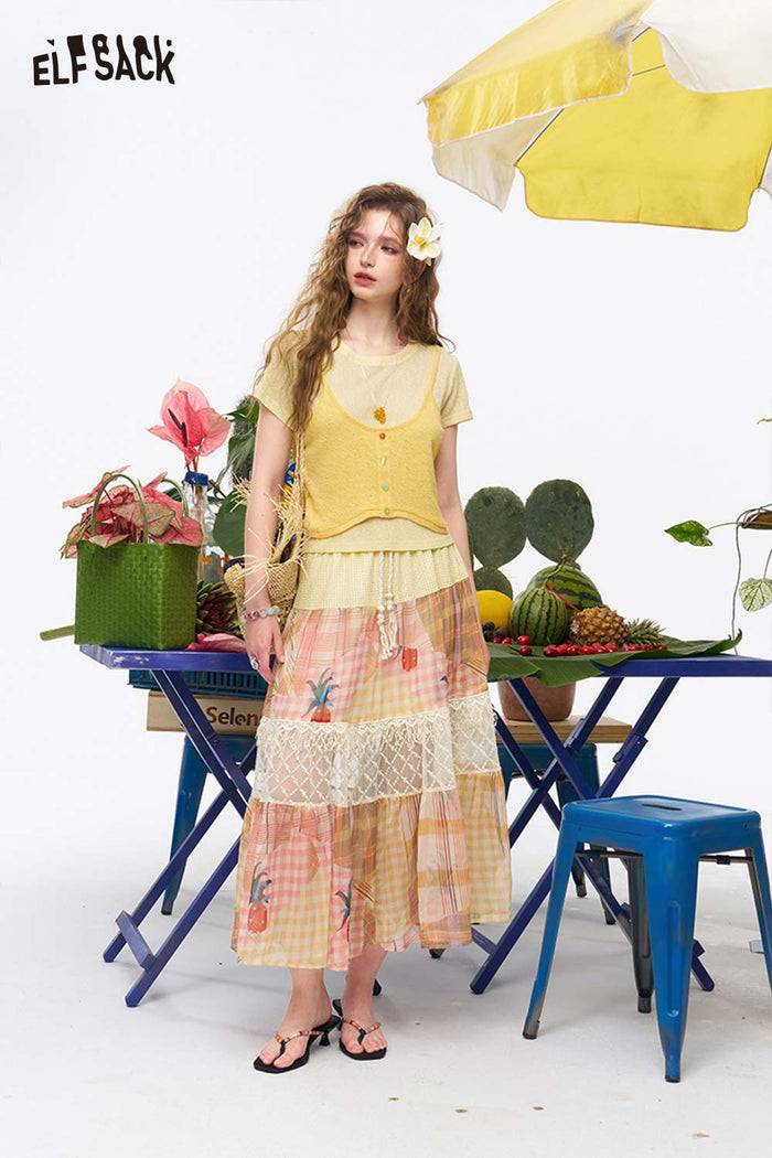 ELFSACK Pineapple Print Lace Tier Maxi Skirt