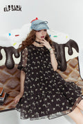 ELFSACK Pink Bow Cute Princess Style Cake Print Chiffon Dress