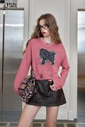 ELFSACK Pink bow knit sweater, lazy style thin and slimming top